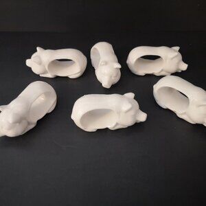 Vintage Shafford Set of 6 White Glazed Porcelain Pig Napkin Ring Holders